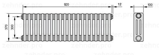 Схема (чертеж) Радиатор Zehnder Charleston 3037/20 №1270 Белый глянцевый RAL 9016